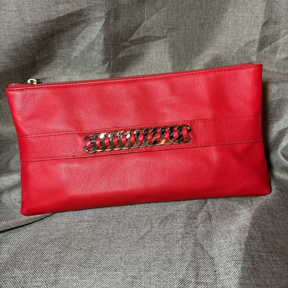 Elaine Turner Isla Red Leather Clutch Handbag Zipper Closure Slip Pocket on back